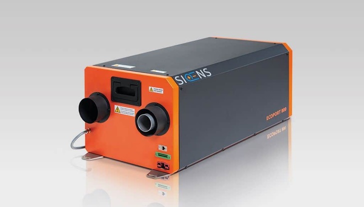 Rectangular industrial machine with orange and black casing, labeled "SIGNS" and "ECOPRINT M10". Rectangular industrial machine with orange and black casing, labeled "SIGNS" and "ECOPRINT M10".