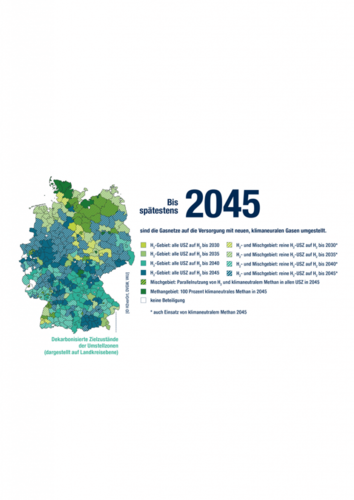 Map of Germany showing hydrogen and methane target zones for climate-neutral gas supply by 2045. Map of Germany showing hydrogen and methane target zones for climate-neutral gas supply by 2045.
