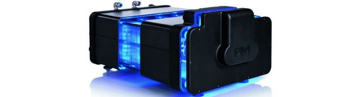 Black and blue hydrogen fuel cell with glowing blue lights, viewed from an angle on a white background. Black and blue hydrogen fuel cell with glowing blue lights, viewed from an angle on a white background.
